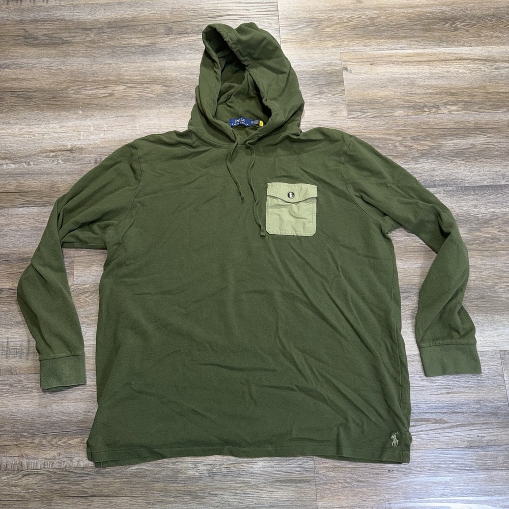 Polo Ralph Lauren Olive Green Cotton Pullover Hoodie Mens XL Snap-Flap Pocket